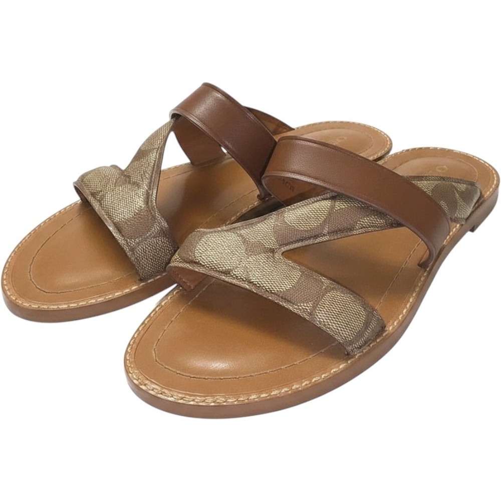 Coach Signature Monogram Canvas Slide Sandals Brown Khaki Flat Slides Size 7.5